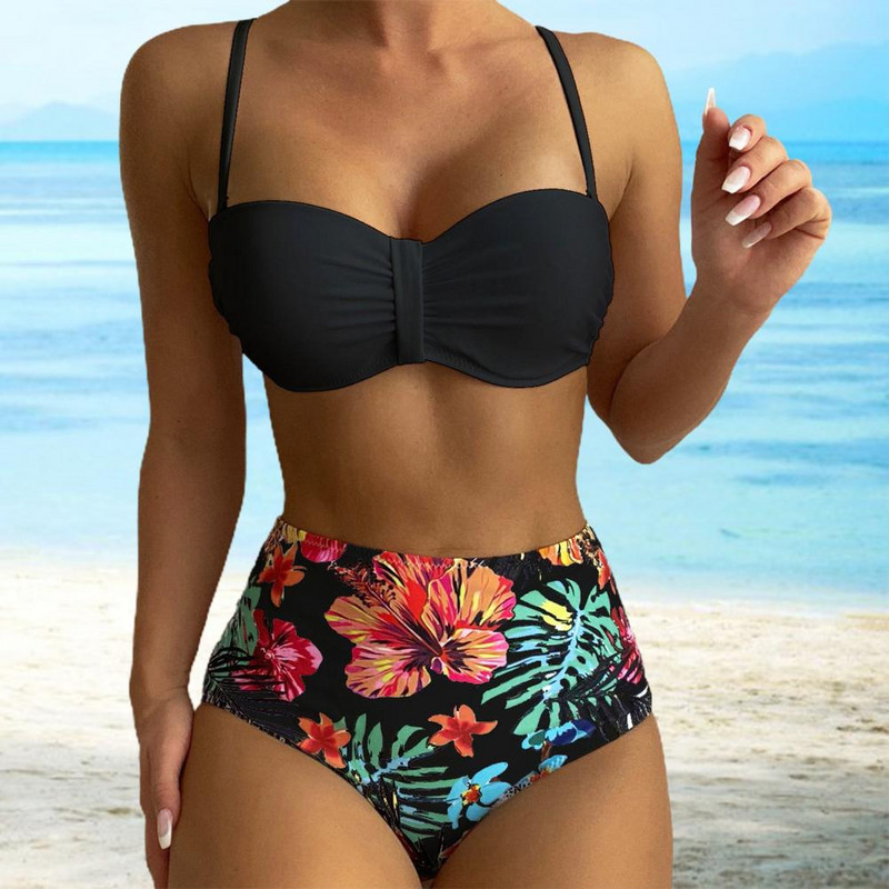 2 tk / komplekt Plisseeritud Bandeau reguleeritavad rihmad bikiinikomplekt Ühevärviline rinnahoidja kõrge vöökohaga lillelised püksid Ujumisriided Rannariided ujumiseks