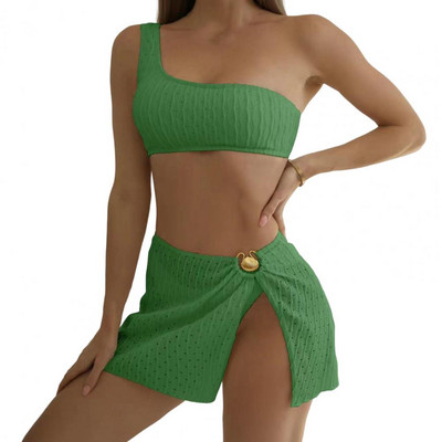 3 tk/komplekt Seljata joonteta tekstuuriga bikiiniseeliku komplekt Ühe õla rinnahoidja kõrge vöökohaga püksid seelikukomplekt Seksikas elastne push-up ujumisriided