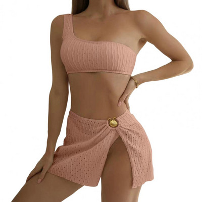 3 tk/komplekt Seljata joonteta tekstuuriga bikiiniseeliku komplekt Ühe õla rinnahoidja kõrge vöökohaga püksid seelikukomplekt Seksikas elastne push-up ujumisriided