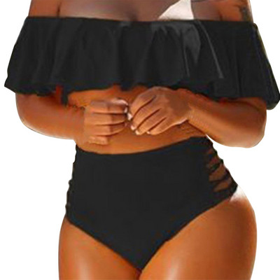 Liela izmēra dalīts peldkostīms no pleciem ar augstu vidukli, pludmales apģērbs ar volāniem bikini šortiem sievietēm, 2 daļīgs bikini komplekti