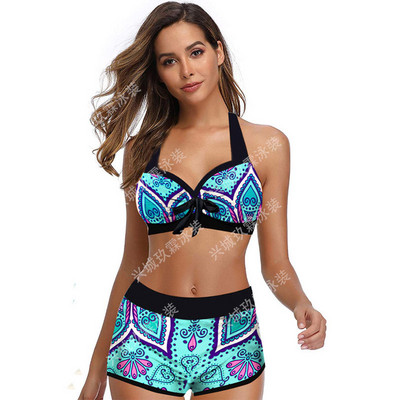 Törzsi nyomott bikini kötőfék nyakú fürdőruha kötszer masni részlet nagy magas derekú fürdőruha nyári fürdőruha