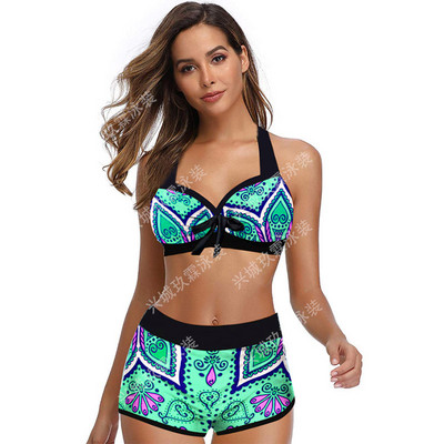 Törzsi nyomott bikini kötőfék nyakú fürdőruha kötszer masni részlet nagy magas derekú fürdőruha nyári fürdőruha