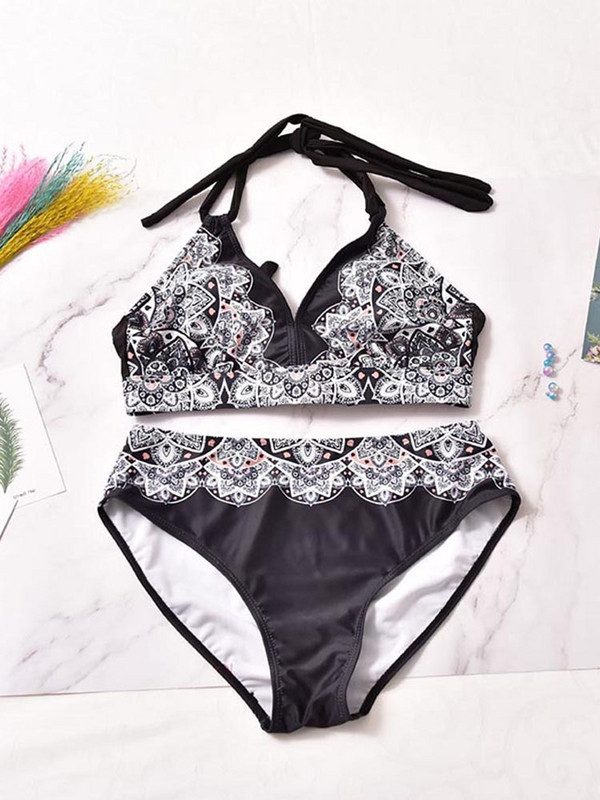 2023 Costum de baie cu talie înaltă, două piese, plus costum de baie cu imprimeu gras pentru femei, la spate, Chalaza, bikini, costum de baie pentru plajă