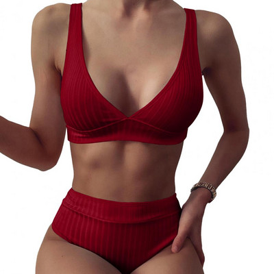 Σετ μπικίνι μονόχρωμο σε βαθύ V λαιμόκοψη Σετ δύο τεμαχίων Γυναικείο σουτιέν με ραβδώσεις Σλιπ μαγιό για καλοκαιρινό αθλητικό μαγιό ριγέ μπικίνι