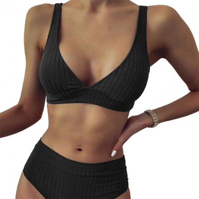 Σετ μπικίνι μονόχρωμο σε βαθύ V λαιμόκοψη Σετ δύο τεμαχίων Γυναικείο σουτιέν με ραβδώσεις Σλιπ μαγιό για καλοκαιρινό αθλητικό μαγιό ριγέ μπικίνι