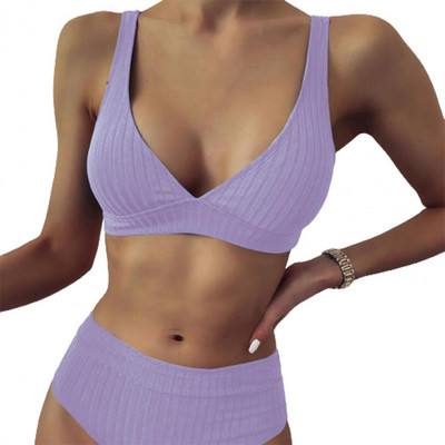 Σετ μπικίνι μονόχρωμο σε βαθύ V λαιμόκοψη Σετ δύο τεμαχίων Γυναικείο σουτιέν με ραβδώσεις Σλιπ μαγιό για καλοκαιρινό αθλητικό μαγιό ριγέ μπικίνι