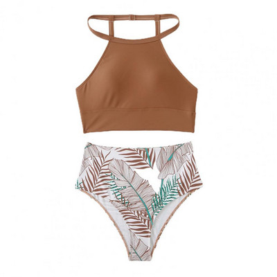 2gab/komplekts Sexy Bikini Set Sieviešu peldkostīms Lapu apdruka ar halteriem Tanks Topi Biksītes Peldkostīmi Sieviešu peldkostīms купальник женский