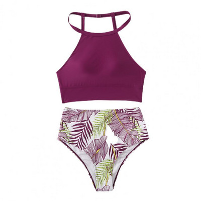 2gab/komplekts Sexy Bikini Set Sieviešu peldkostīms Lapu apdruka ar halteriem Tanks Topi Biksītes Peldkostīmi Sieviešu peldkostīms купальник женский