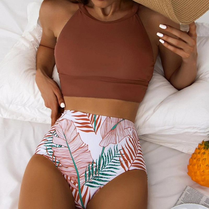 2gab/komplekts Sexy Bikini Set Sieviešu peldkostīms Lapu apdruka ar halteriem Tanks Topi Biksītes Peldkostīmi Sieviešu peldkostīms купальник женский