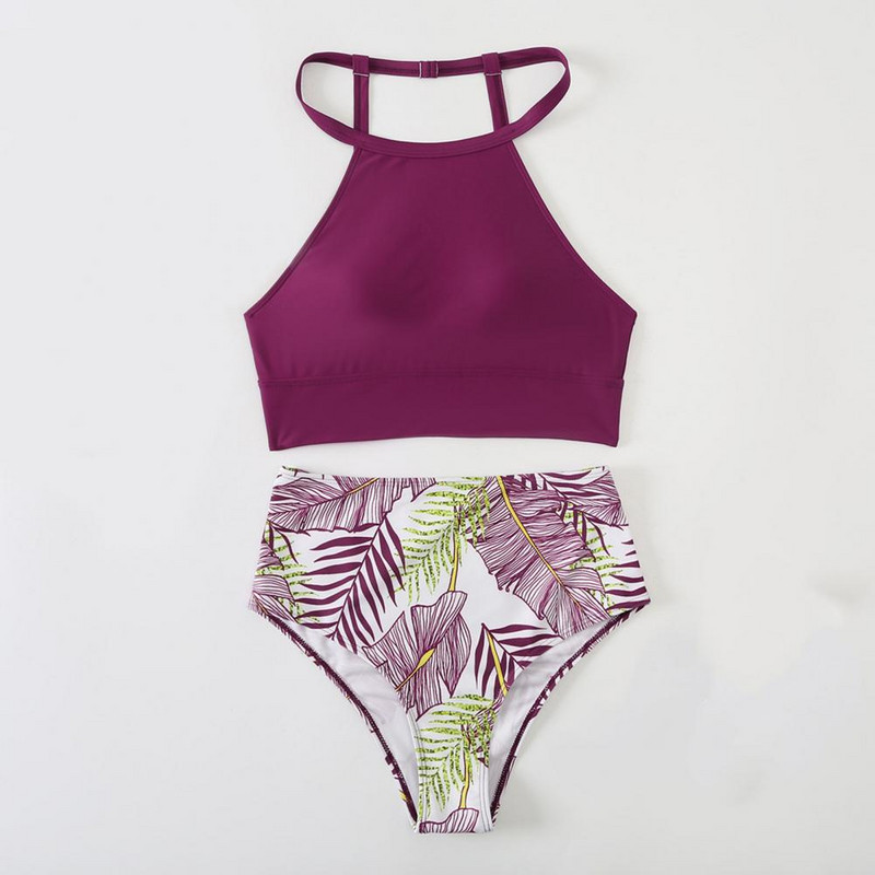 2gab/komplekts Sexy Bikini Set Sieviešu peldkostīms Lapu apdruka ar halteriem Tanks Topi Biksītes Peldkostīmi Sieviešu peldkostīms купальник женский