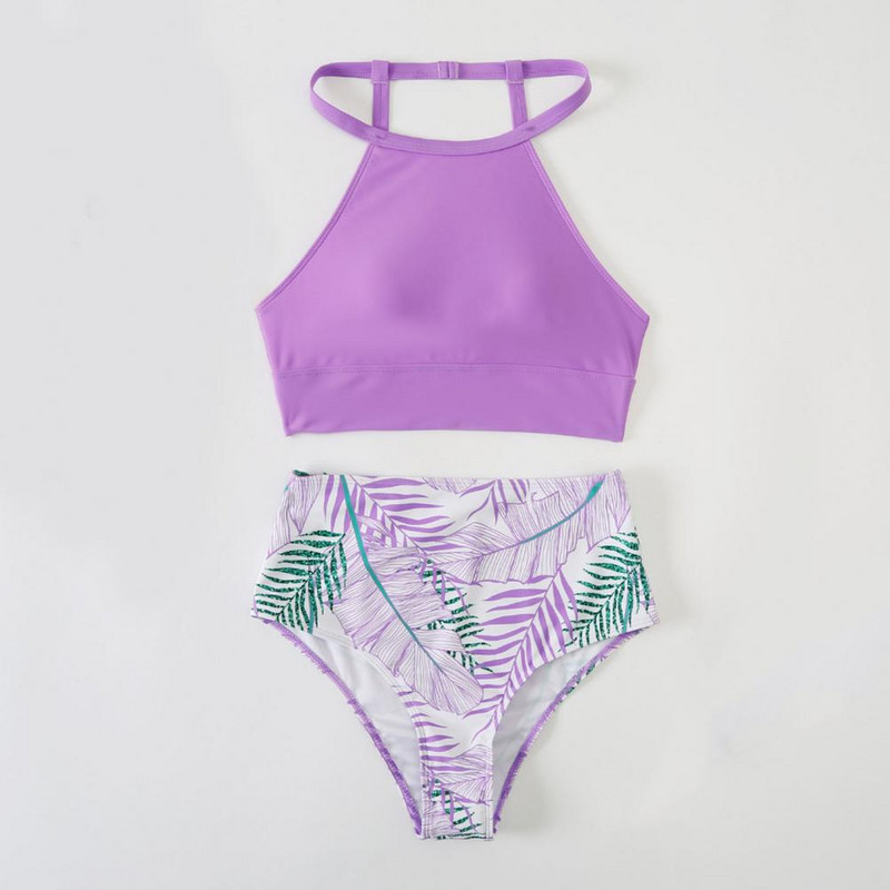 2gab/komplekts Sexy Bikini Set Sieviešu peldkostīms Lapu apdruka ar halteriem Tanks Topi Biksītes Peldkostīmi Sieviešu peldkostīms купальник женский