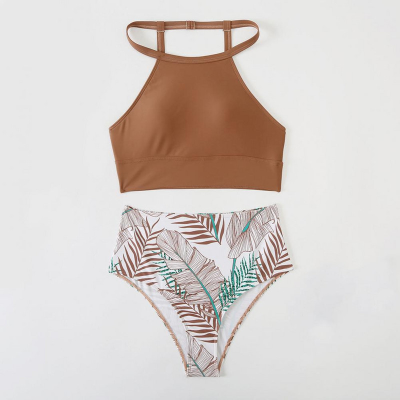2gab/komplekts Sexy Bikini Set Sieviešu peldkostīms Lapu apdruka ar halteriem Tanks Topi Biksītes Peldkostīmi Sieviešu peldkostīms купальник женский