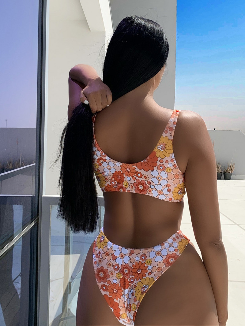 Lilletrükiga bikiinikomplekt Tekstuuriga väljalõikega kõrge lõikega bikiinid naiste ujumistrikoo, kaheosaline ujumisriided, suvine rannasupluskostüüm 2022