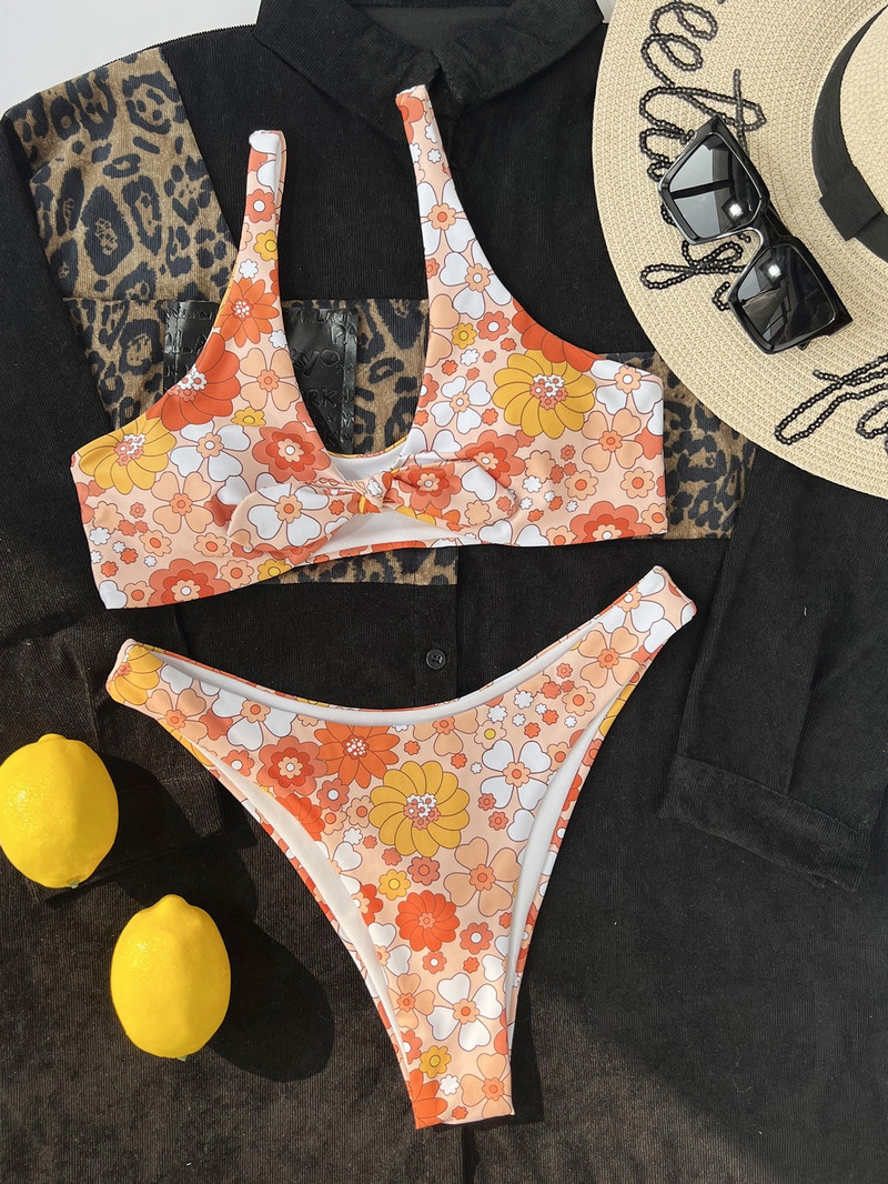 Lilletrükiga bikiinikomplekt Tekstuuriga väljalõikega kõrge lõikega bikiinid naiste ujumistrikoo, kaheosaline ujumisriided, suvine rannasupluskostüüm 2022