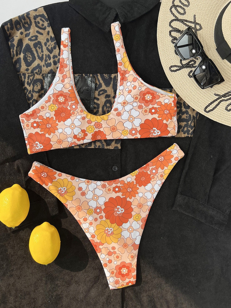 Lilletrükiga bikiinikomplekt Tekstuuriga väljalõikega kõrge lõikega bikiinid naiste ujumistrikoo, kaheosaline ujumisriided, suvine rannasupluskostüüm 2022