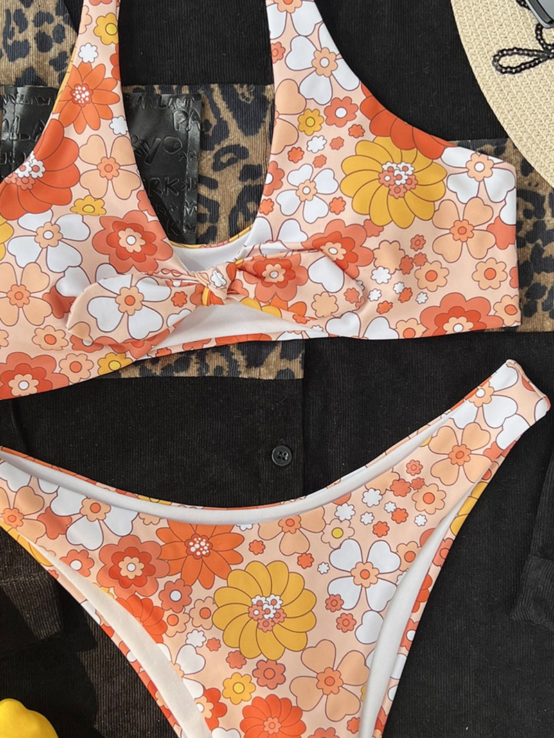 Lilletrükiga bikiinikomplekt Tekstuuriga väljalõikega kõrge lõikega bikiinid naiste ujumistrikoo, kaheosaline ujumisriided, suvine rannasupluskostüüm 2022