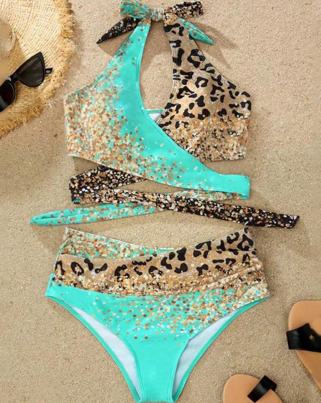 Set de bikini cu șalter încrucișat cu imprimeu leopard 2023, vară, costume de baie pentru femei, costum de plajă sexy cu șireturi, în două piese, vacanță