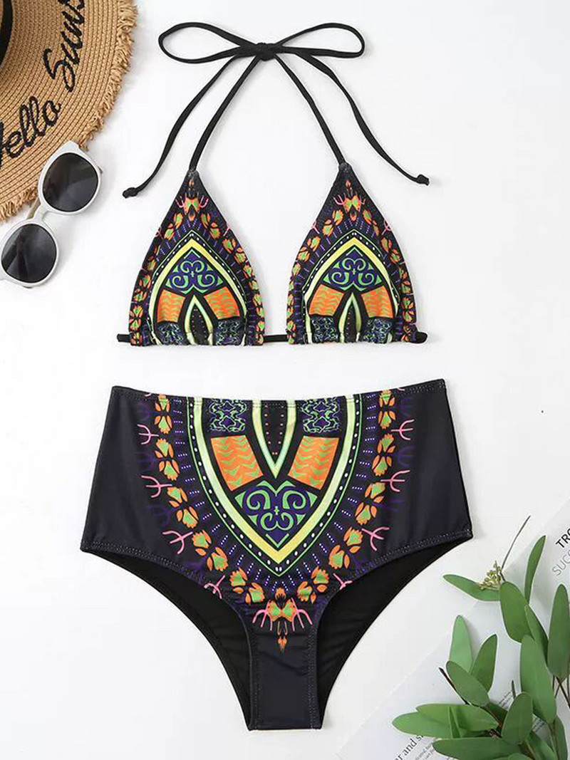 Trokutasti bikini set visokog struka Kupaći kostim s grafičkim printom Ženski seksi kupaći kostim s halterima Ženski podstavljeni kupaći kostim Odjeća za plažu