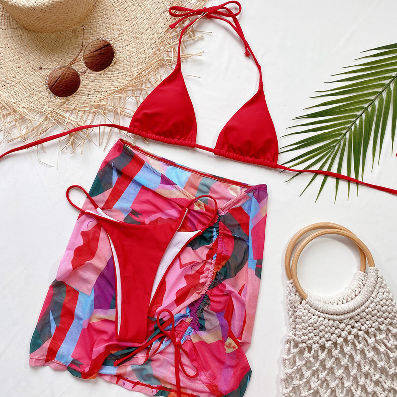 Női bikini, 2023 szexi mintás hálós háromrészes bikini női osztott fürdőruha, fűzős Push Up párnázott, magas derekú fürdőruha