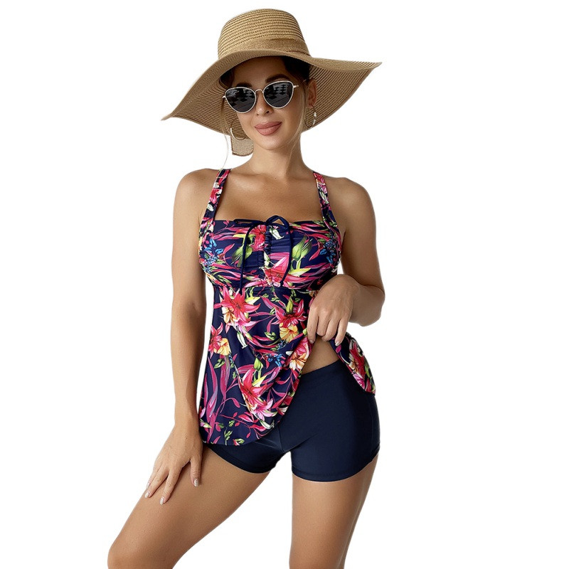 Costum de baie din două piese pentru damă, elegant, cu imprimeu floral, rochie cu guler pătrat Topuri cu boxeri cu talie mijlocie, jambiere Set bikini