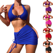 Set de bikini 3 bucăți pentru femei, cu legături și gât, sutien căptușit, tanga, fund, fustă sarong cu șnur, costum de baie pentru femei, costum de baie de vară