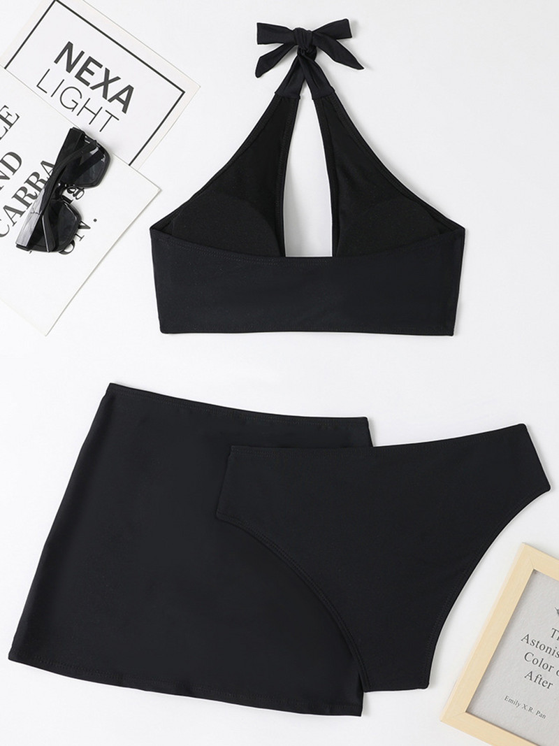 Set de bikini 3 bucăți pentru femei, cu legături și gât, sutien căptușit, tanga, fund, fustă sarong cu șnur, costum de baie pentru femei, costum de baie de vară