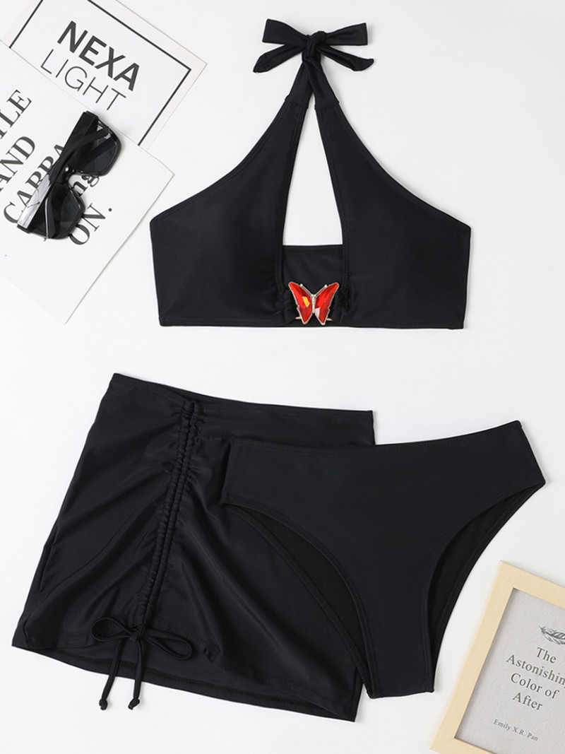 Set de bikini 3 bucăți pentru femei, cu legături și gât, sutien căptușit, tanga, fund, fustă sarong cu șnur, costum de baie pentru femei, costum de baie de vară