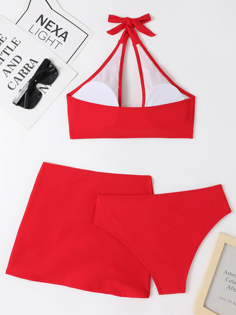 Set de bikini 3 bucăți pentru femei, cu legături și gât, sutien căptușit, tanga, fund, fustă sarong cu șnur, costum de baie pentru femei, costum de baie de vară