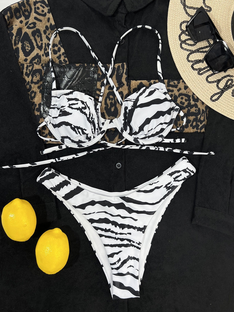 Kolmnurkse lipsuga küljel bikiinid naiste seksikas ujumistrikoo kaheosaline ujumisriided 2022 bikiinikomplekt suvine rannasebra mustriga ujumiskostüüm