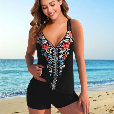 2022 Нов бански костюм, секси плюс размер Танкини Дамски комплект бикини с принт от две части Плажно облекло Бански костюм Дамски летни бански костюми 8XL