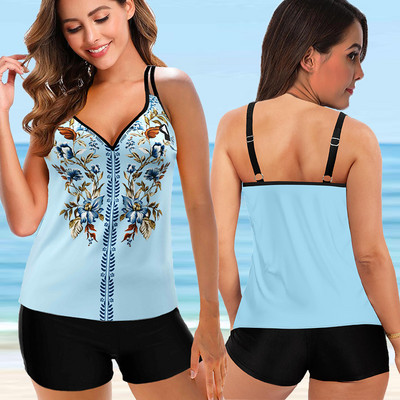 2022 Нов бански костюм, секси плюс размер Танкини Дамски комплект бикини с принт от две части Плажно облекло Бански костюм Дамски летни бански костюми 8XL