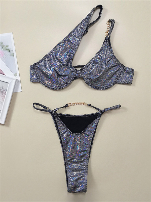 Блестящи бронзови дамски бикини, секси бански с едно рамо, изрязани бански костюми с банели 2023 Плажен бански костюм с метални триъгълници