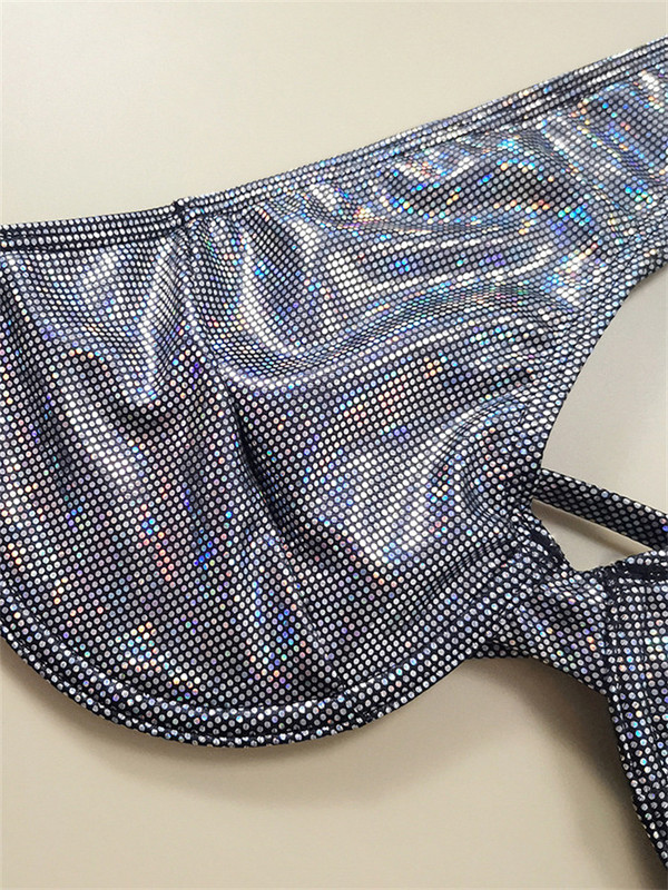 Блестящи бронзови дамски бикини, секси бански с едно рамо, изрязани бански костюми с банели 2023 Плажен бански костюм с метални триъгълници