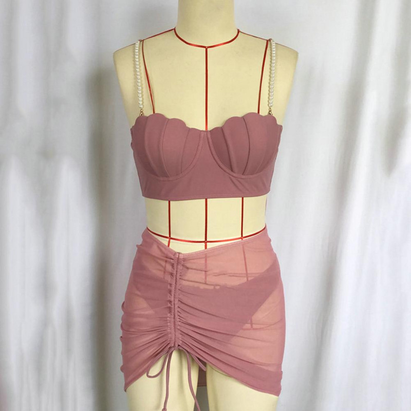 3Gb mākslīgās pērles, siksnas bez aizmugures, savilkšanas aukliņas bikini svārku komplekts ar polsterējumu, apvalka formas kauss, krūšturis ar augstu vidukli, svārku komplekts