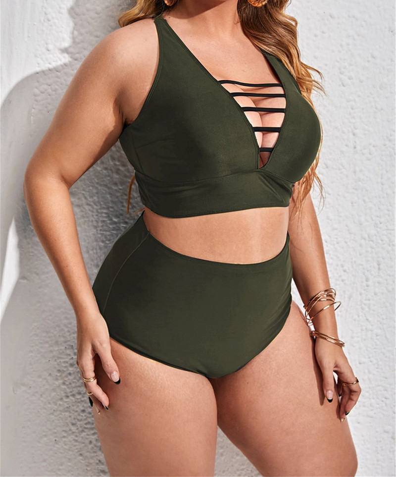 Costum de baie pentru femeie 2023, două piese, cu costum de baie mărime mare, decupat uni, bikini cu talie înaltă, costum de baie de dimensiuni superioare.