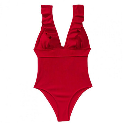 Naiste seksikas volangidega ujumistrikoo, sügava V-kaelusega ühes tükis varrukateta seljata naiste soonikkangast monokinid rannas ujumisülikondade jaoks