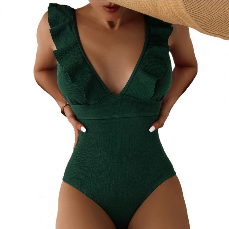 Naiste seksikas volangidega ujumistrikoo, sügava V-kaelusega ühes tükis varrukateta seljata naiste soonikkangast monokinid rannas ujumisülikondade jaoks