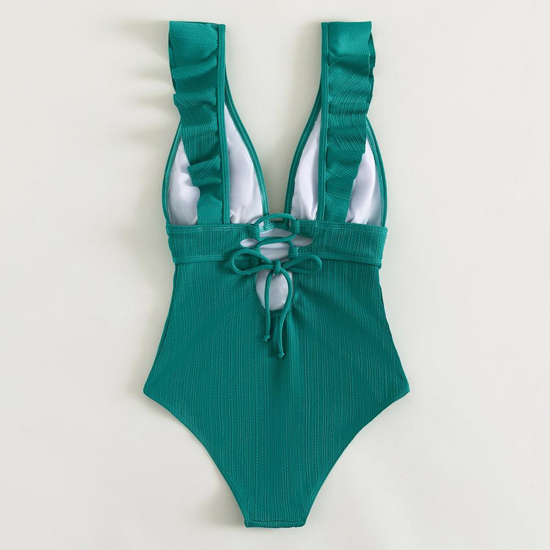 Naiste seksikas volangidega ujumistrikoo, sügava V-kaelusega ühes tükis varrukateta seljata naiste soonikkangast monokinid rannas ujumisülikondade jaoks