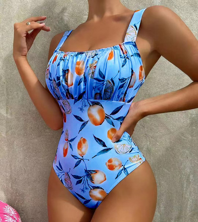 Prinditud plisseeritud ujumistrikoo naiste ühes tükis rannariided laia õlarihmaga Monokini seljataga ujumiskostüüm rannastiilis ujumisriided