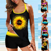 2022 Nou femeie cu imprimeu floarea soarelui Monokini cu talie înaltă Costum de baie de vară Set două piese Tankini Costum de baie vintage pentru femei