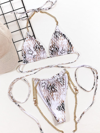 Snake Skin Printed Metal Chain Halter Bikini Γυναικεία Μαγιό Γυναικείο Μαγιό Σετ μπικίνι δύο τεμαχίων Bather Μαγιό Swim XL