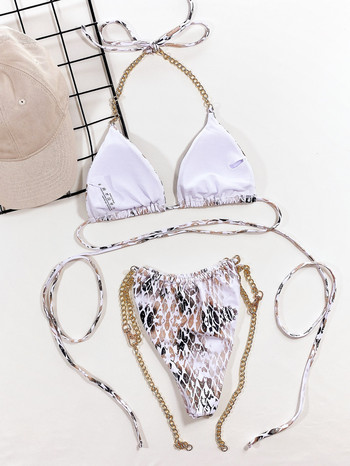 Snake Skin Printed Metal Chain Halter Bikini Γυναικεία Μαγιό Γυναικείο Μαγιό Σετ μπικίνι δύο τεμαχίων Bather Μαγιό Swim XL