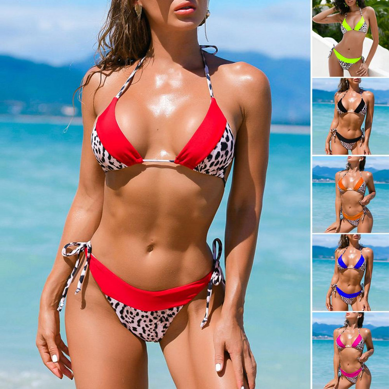 Set Bikini Costum de baie cu șiret cu șalter Femei 2 buc./Set Bikini despărțit Bloc de culoare Leopard Costum de baie fără mâneci pentru damă pentru înot