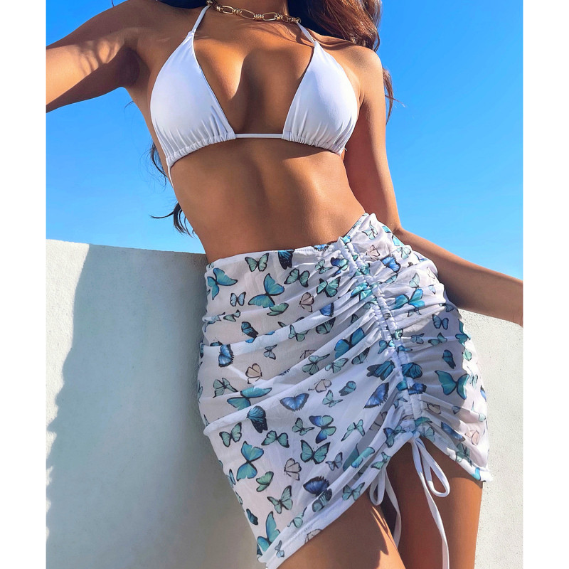 Butterfly Print Ujumisriided Naiste kõrge vöökohaga võrgust ujumistrikoo Seksikas kolmnurkne mikrobikiinikomplekt String Solid Halter supelkostüüm