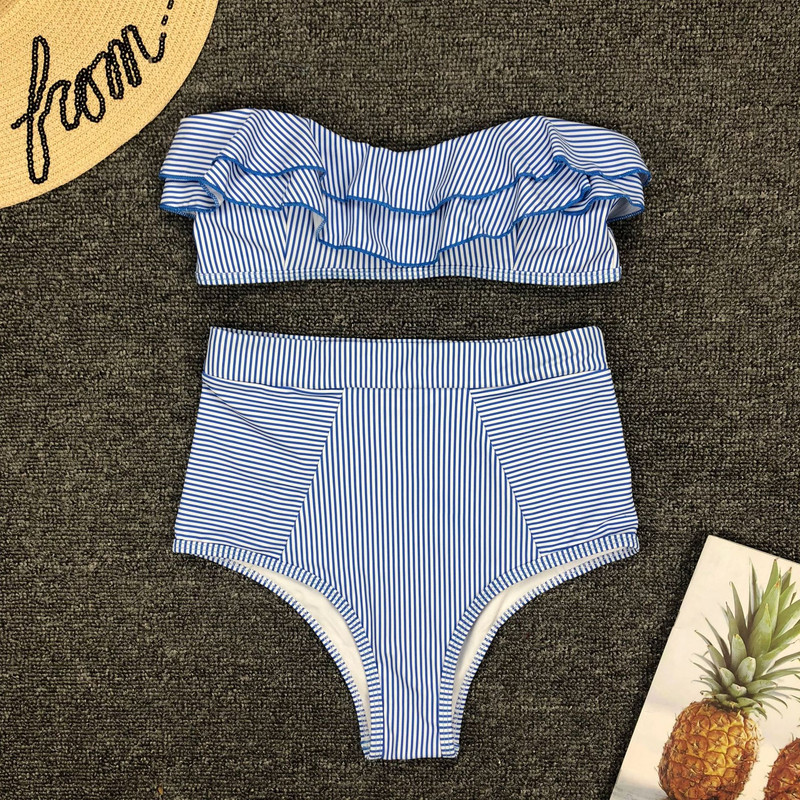 Nou 2020, vânzări fierbinți, costume de baie separate pentru femei, cu dungi neregulate, cu volan, cu talie înaltă, costume de baie bikini