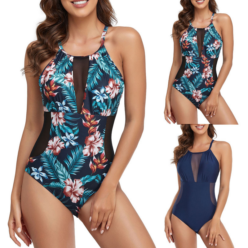 Нов луксозен бански костюм 2023 Дамски цял бански костюм с мрежести шевове и висящ на врата бански костюм Консервативен бански костюм