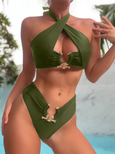 2023 Costume de baie solide din două piese pentru femei Set de bikini fără spate cu halter sexy pentru plajă pentru baie pentru femei