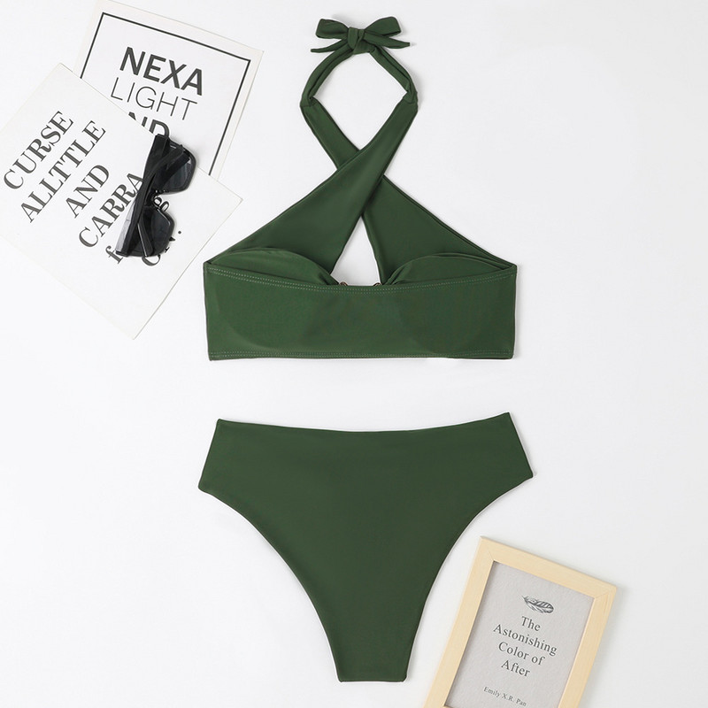 Costum de baie solid Costum de baie pentru femei Seturi de bikini de vară fără mâneci agățat gâtul sutien cu push up cu talie înaltă