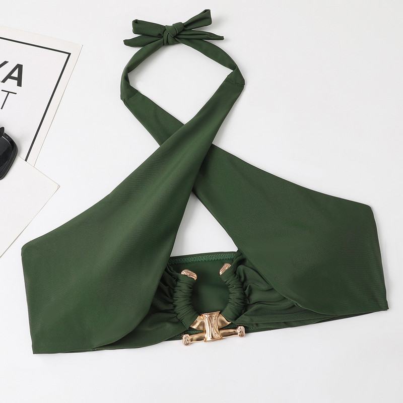 Costum de baie solid Costum de baie pentru femei Seturi de bikini de vară fără mâneci agățat gâtul sutien cu push up cu talie înaltă