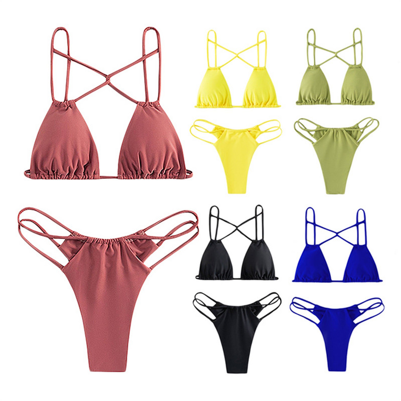 2023 Set de bikini femei Push-up Bandeau Costume de baie Cross Halter Sutien căptușit Tanga Costum de baie Biquini brazilian îmbrăcăminte de plajă
